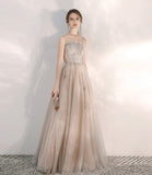 Champagne tulle sequins long prom dress A line evening dress HZ1023