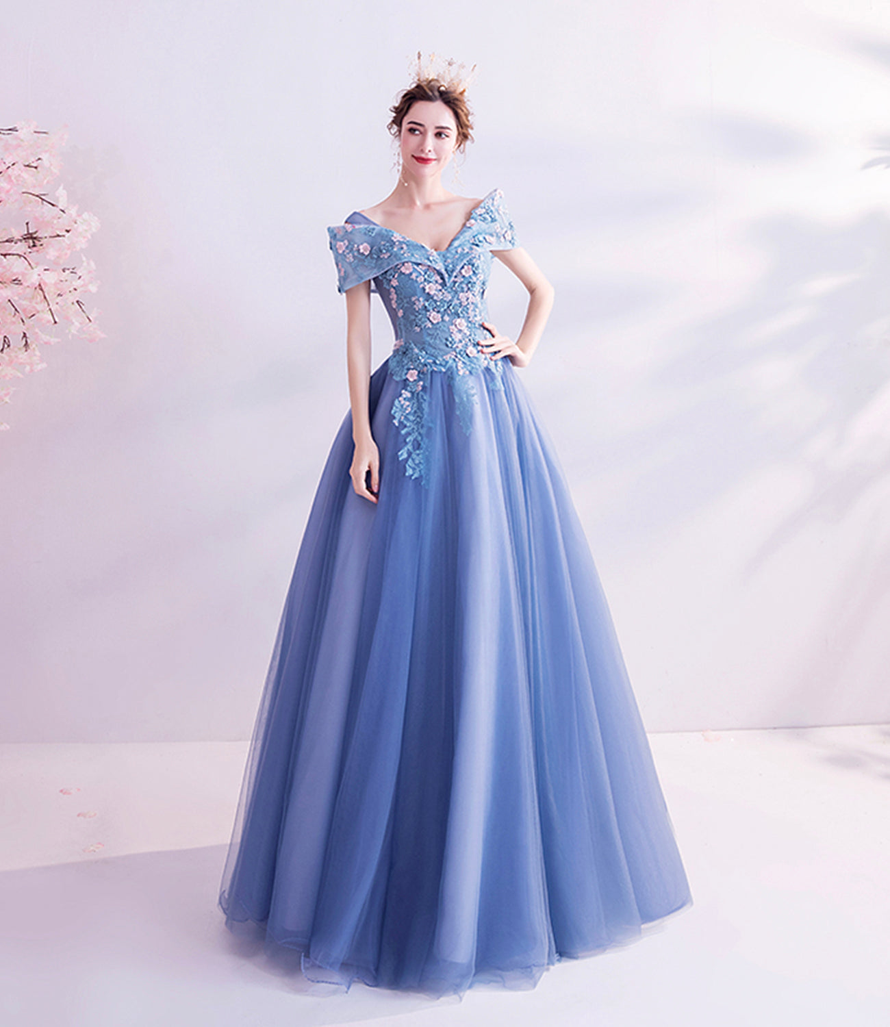 Blue tulle lace long prom dress A line formal dresses HZ1023