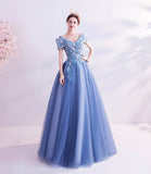 Blue tulle lace long prom dress A line formal dresses HZ1023