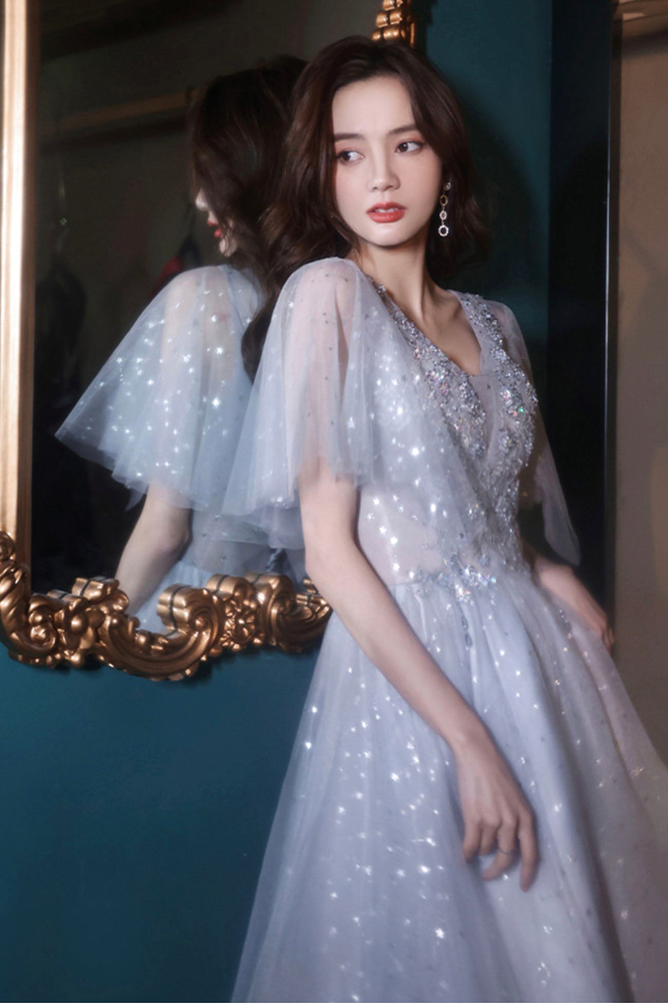 Gray tulle sequins short prom dress homecoming dress HZ1023