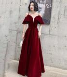 Burgundy velvet long prom dress A line evening dress HZ1023