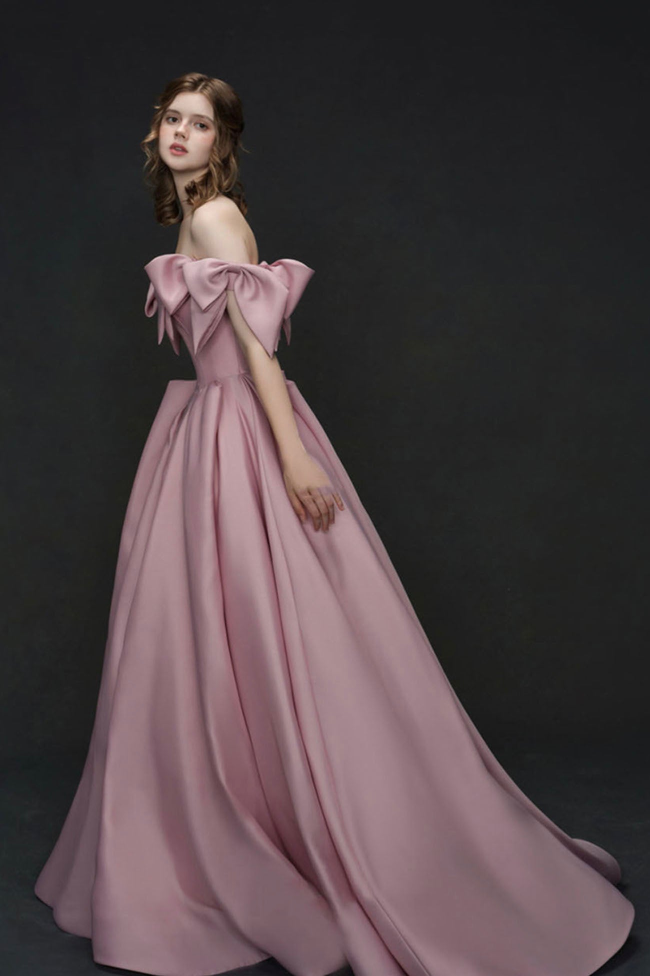 Unique Design Pink Bow Satin Long Prom Dress Princess Dress HZ1023