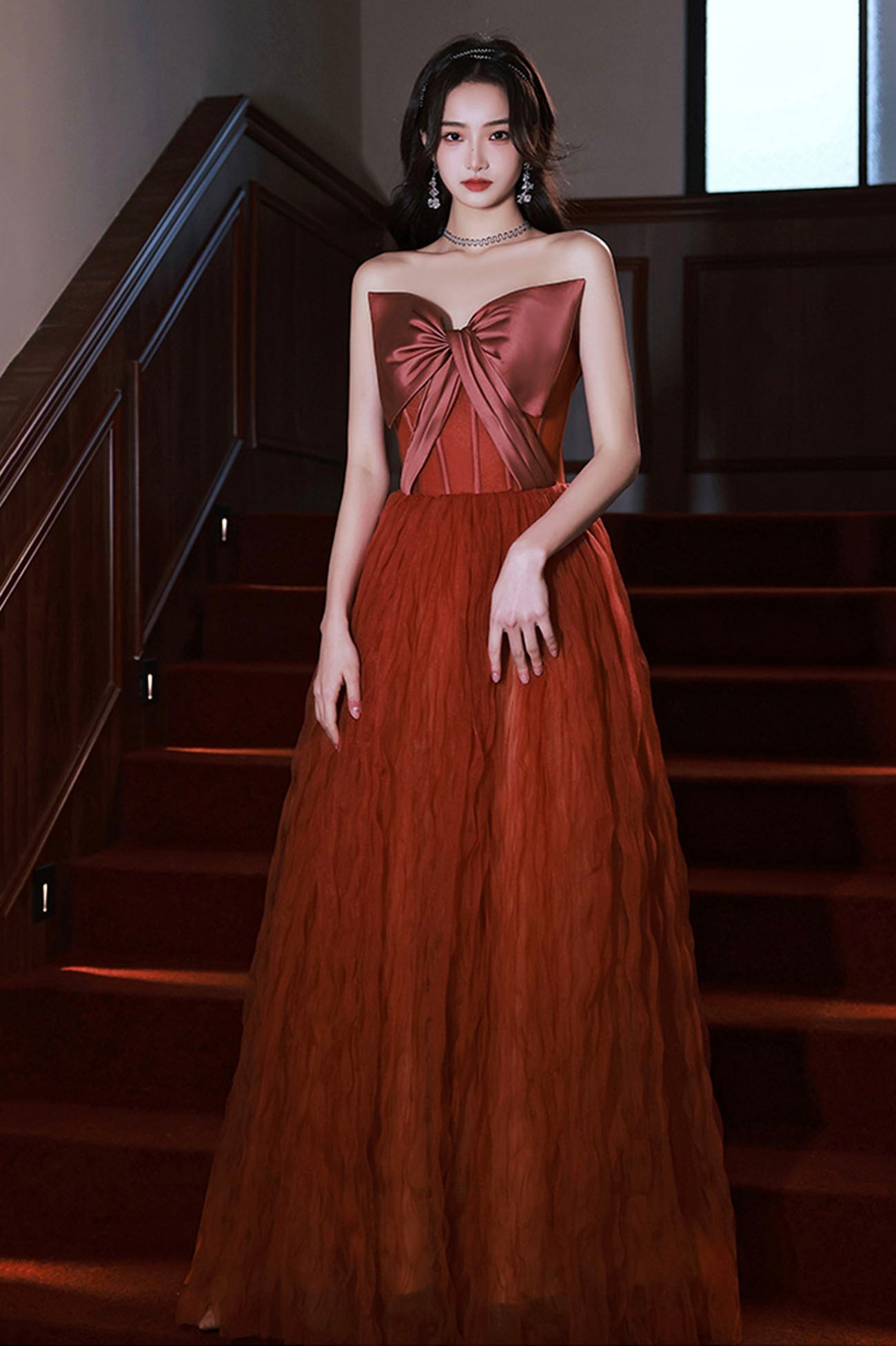 Burgundy satin tulle long prom dress A line evening dress HZ1023