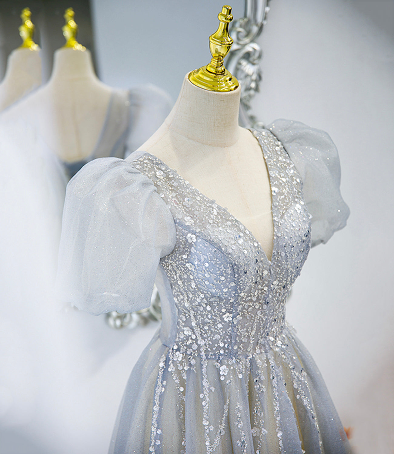 Gray tulle beads long prom dress A line evening gown HZ1023