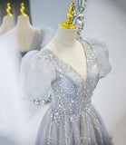 Gray tulle beads long prom dress A line evening gown HZ1023