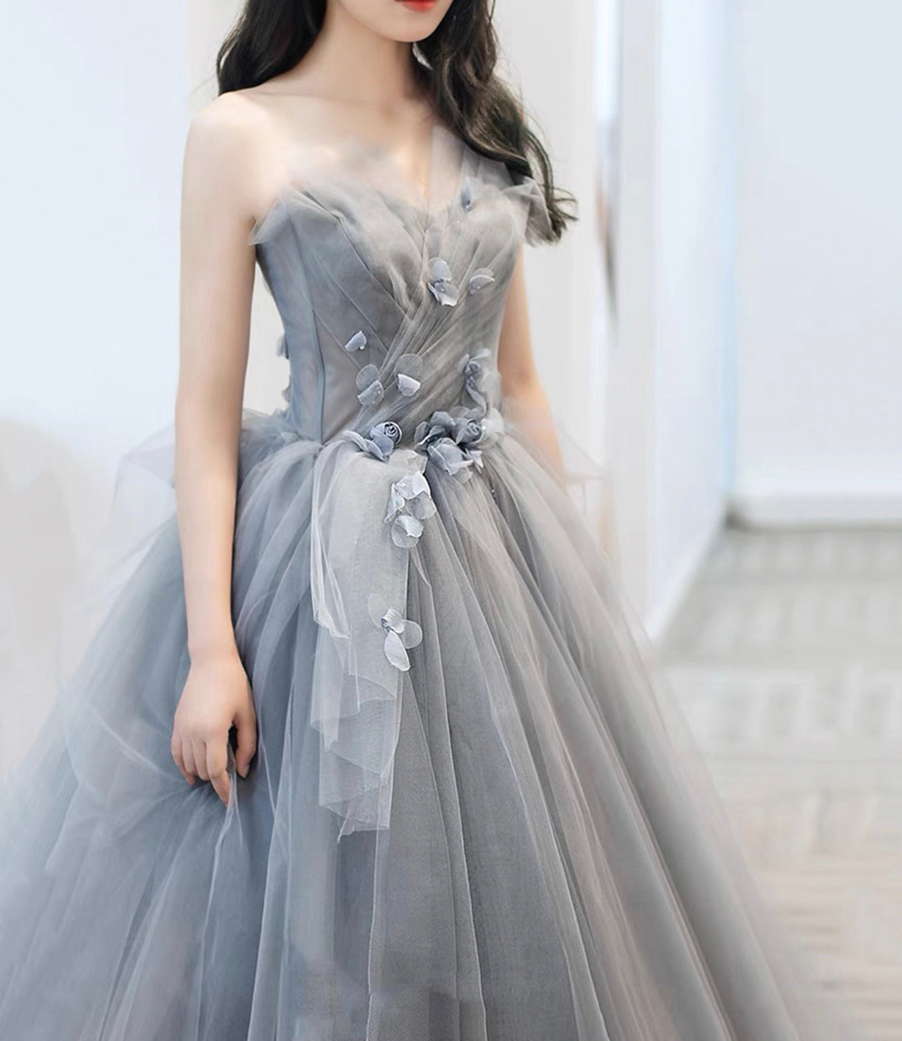 Gray tulle applique long prom dress A line evening gown HZ1023