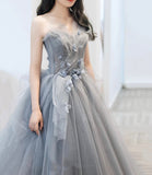 Gray tulle applique long prom dress A line evening gown HZ1023