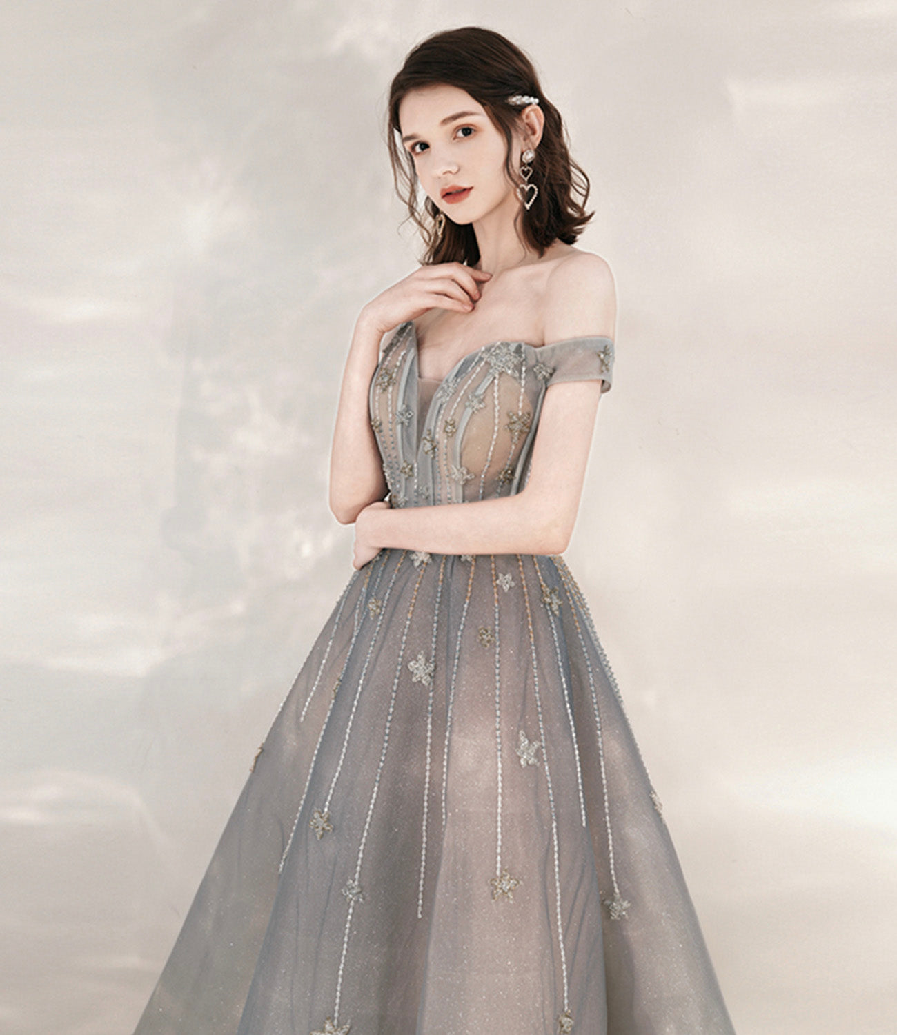Gray tulle sequins long prom dress with star HZ1023