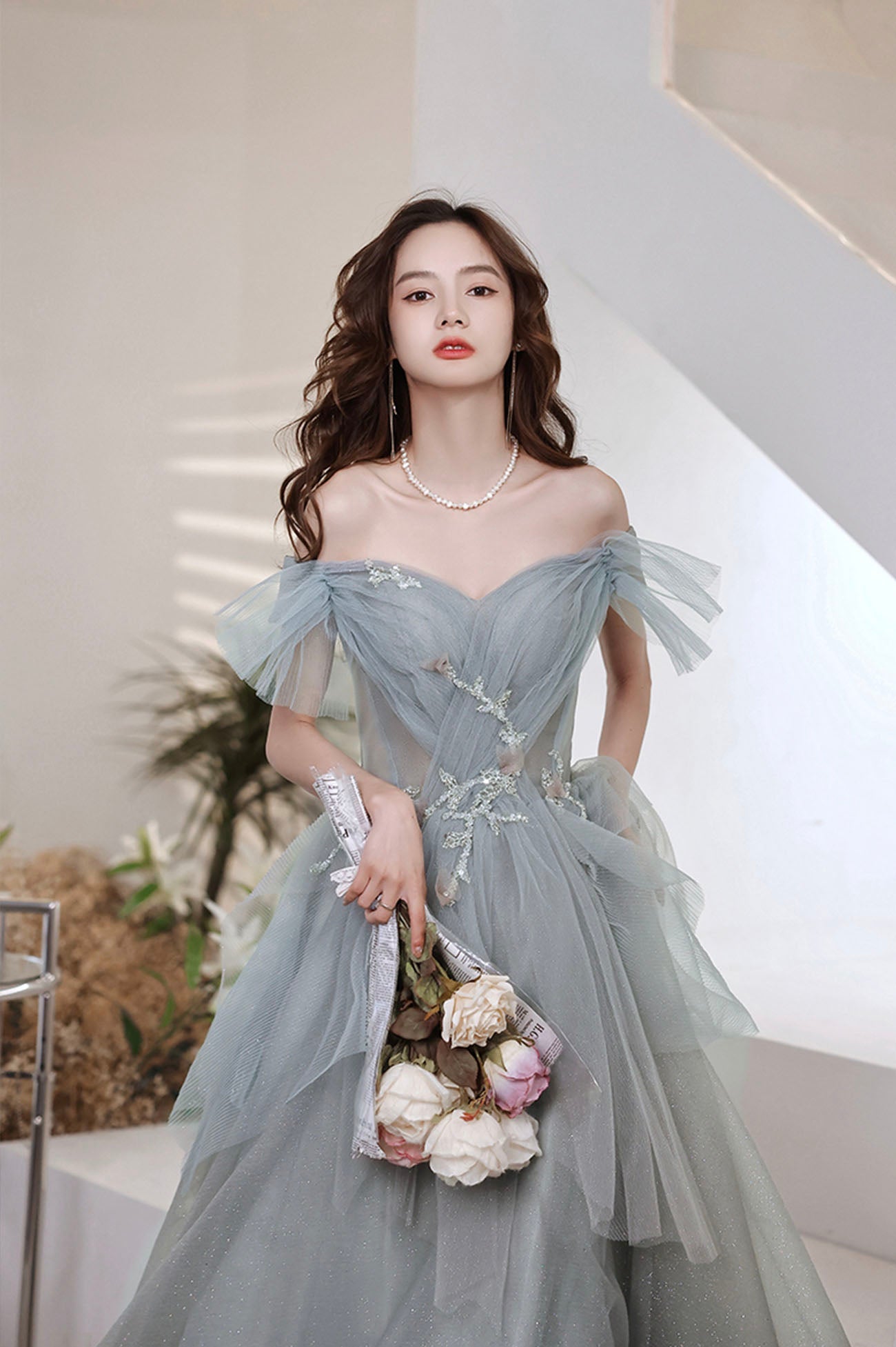 Gray tulle sequins long prom dress A line evening dress HZ1023