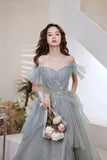 Gray tulle sequins long prom dress A line evening dress HZ1023