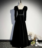 Black velvet long prom dress A line evening dress HZ1023