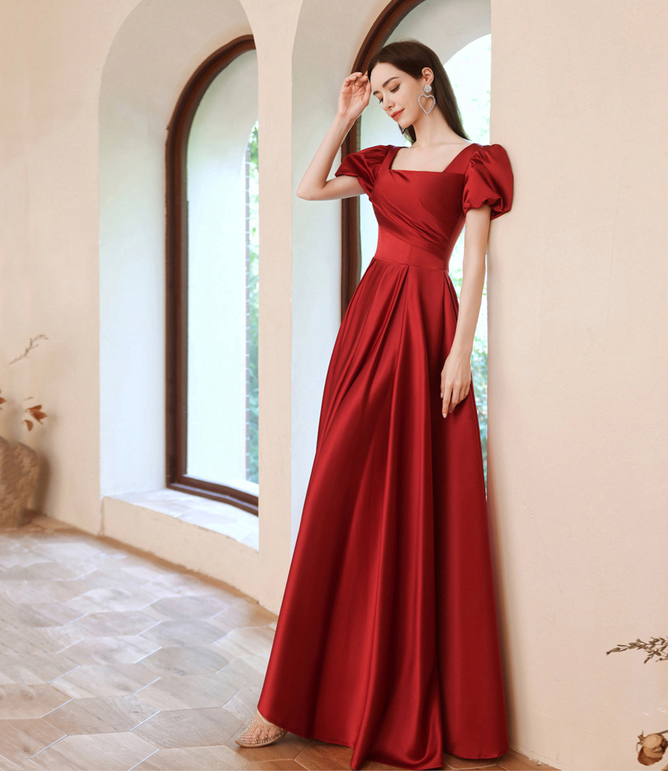 Red satin long A line prom dress red evening dress HZ1023