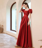 Red satin long A line prom dress red evening dress HZ1023