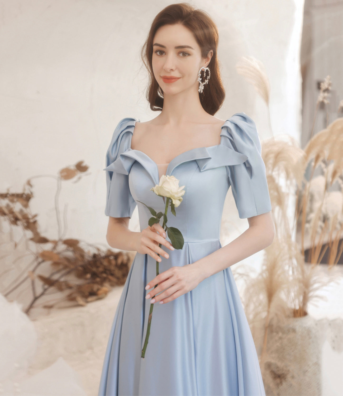 Cute satin long prom dress blue evening dress HZ1023