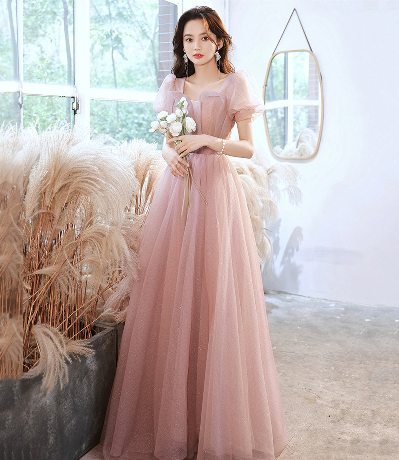 Cute tulle long prom dress pink A line evening dress HZ1023