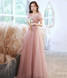 Cute tulle long prom dress pink A line evening dress HZ1023