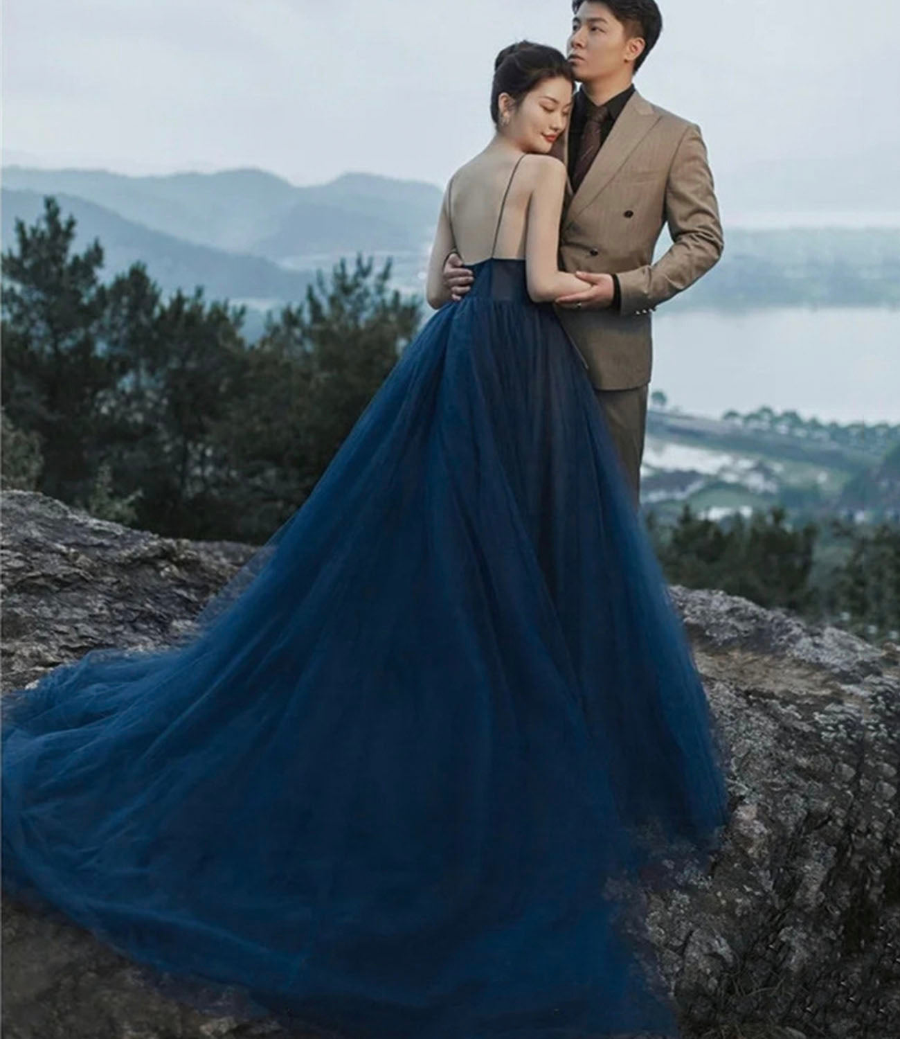 Blue tulle long prom dress A line evening gown HZ1023