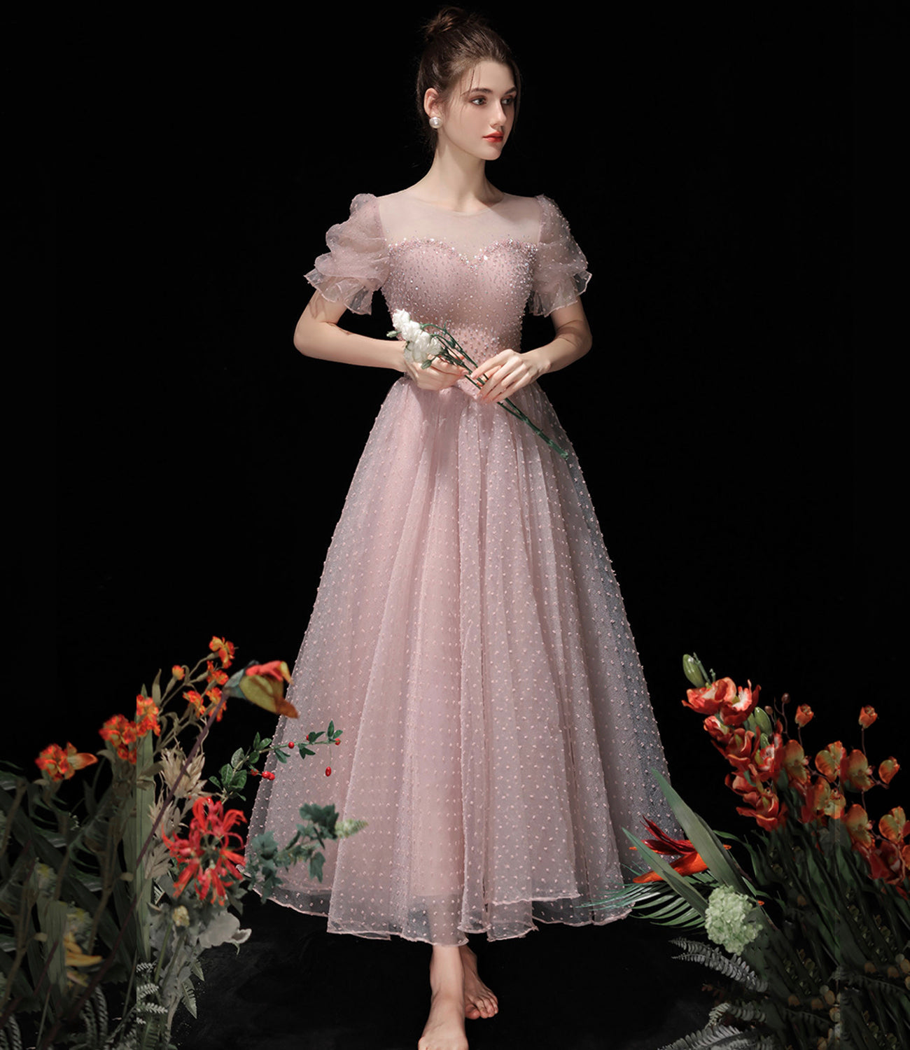 Pink tulle beads short prom dress A line homecoming dress HZ1023