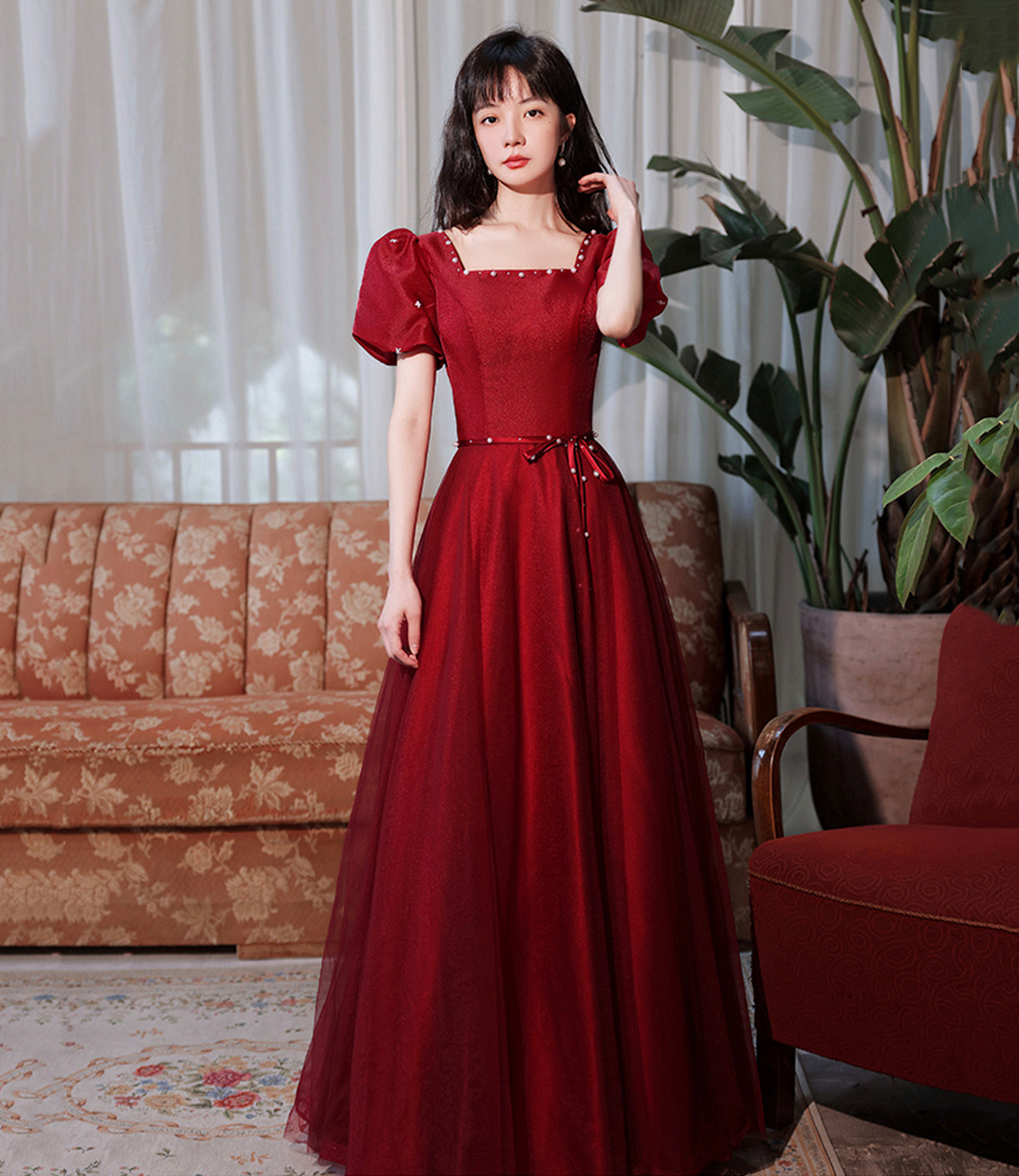Burgundy satin tulle long prom dress A line evenig dress HZ1023