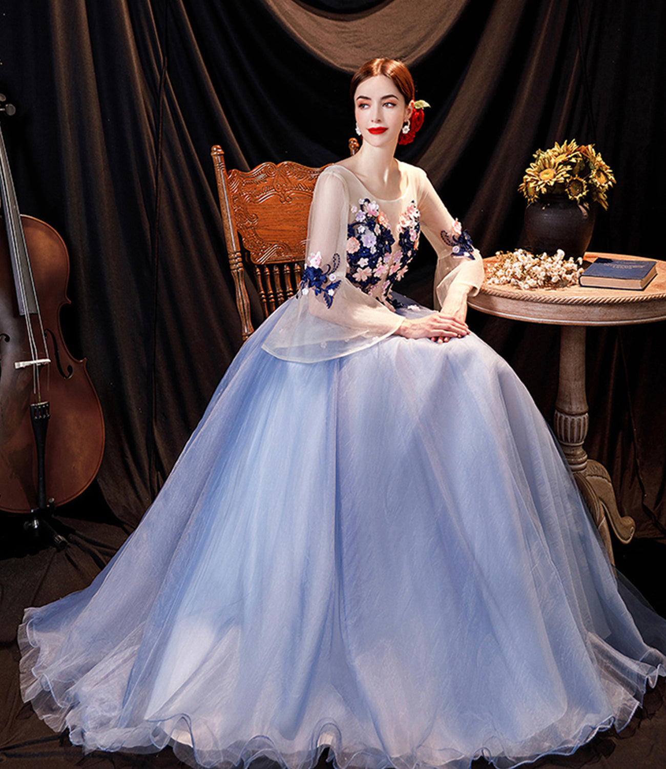 Blue tulle applique long prom dress blue evening dress HZ1023