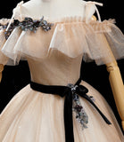 Champagne tulle sequins long prom dress formal dress HZ1023