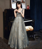 Gray tulle sequins A line prom dress gray evening dress HZ1023