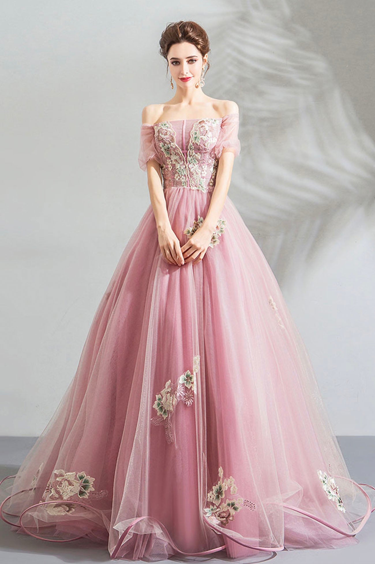 Pink tulle lace long prom dress evening dress HZ1023