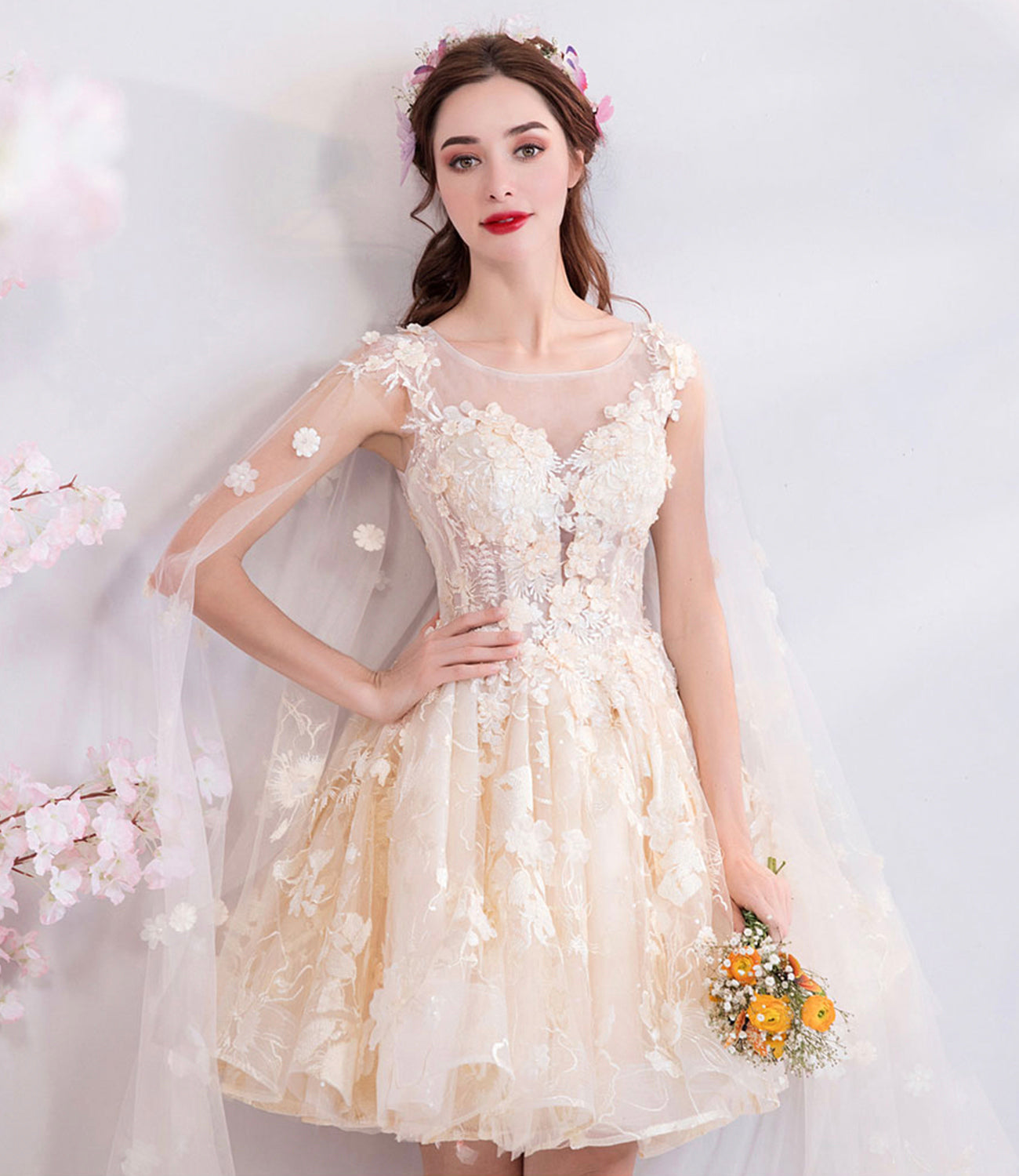 Champagne tulle lace short prom dress homecoming dress HZ1023
