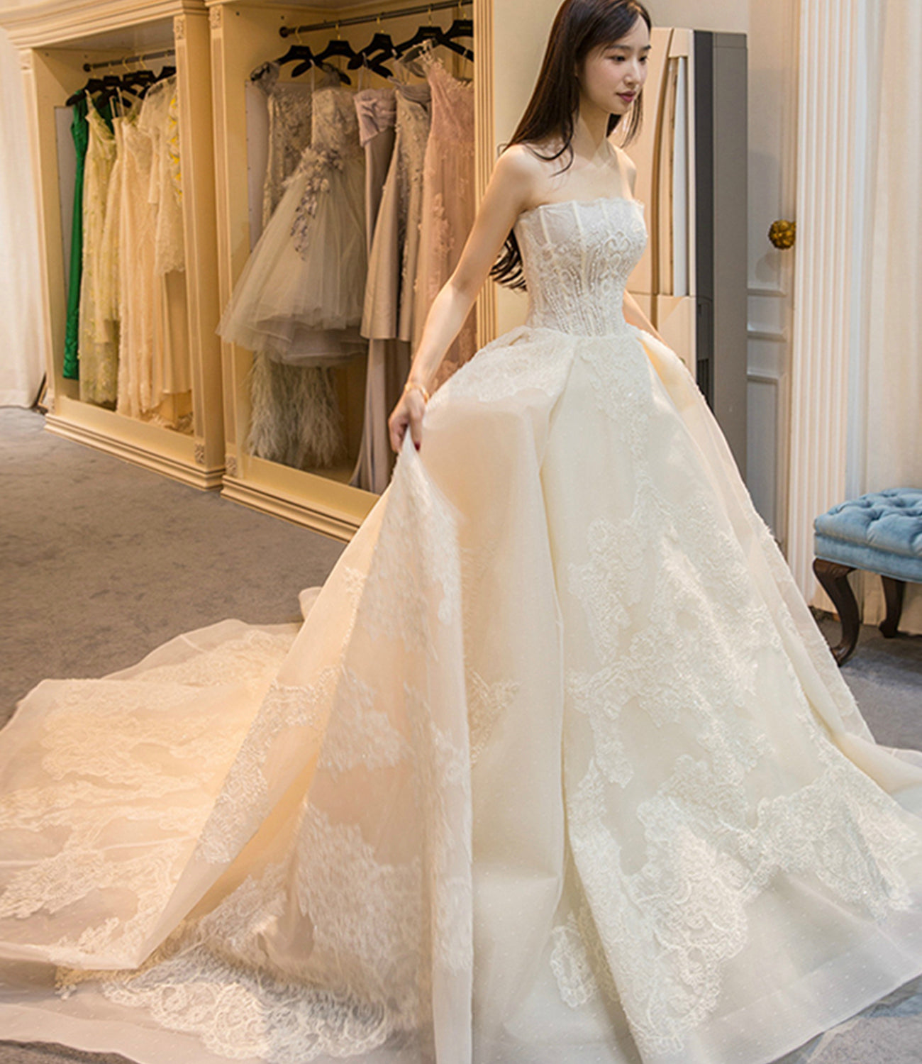 Champagne tulle lace long ball gown dress formal gown HZ1023