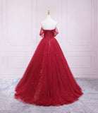 Red tulle sequins long prom dress A line evening dress HZ1023