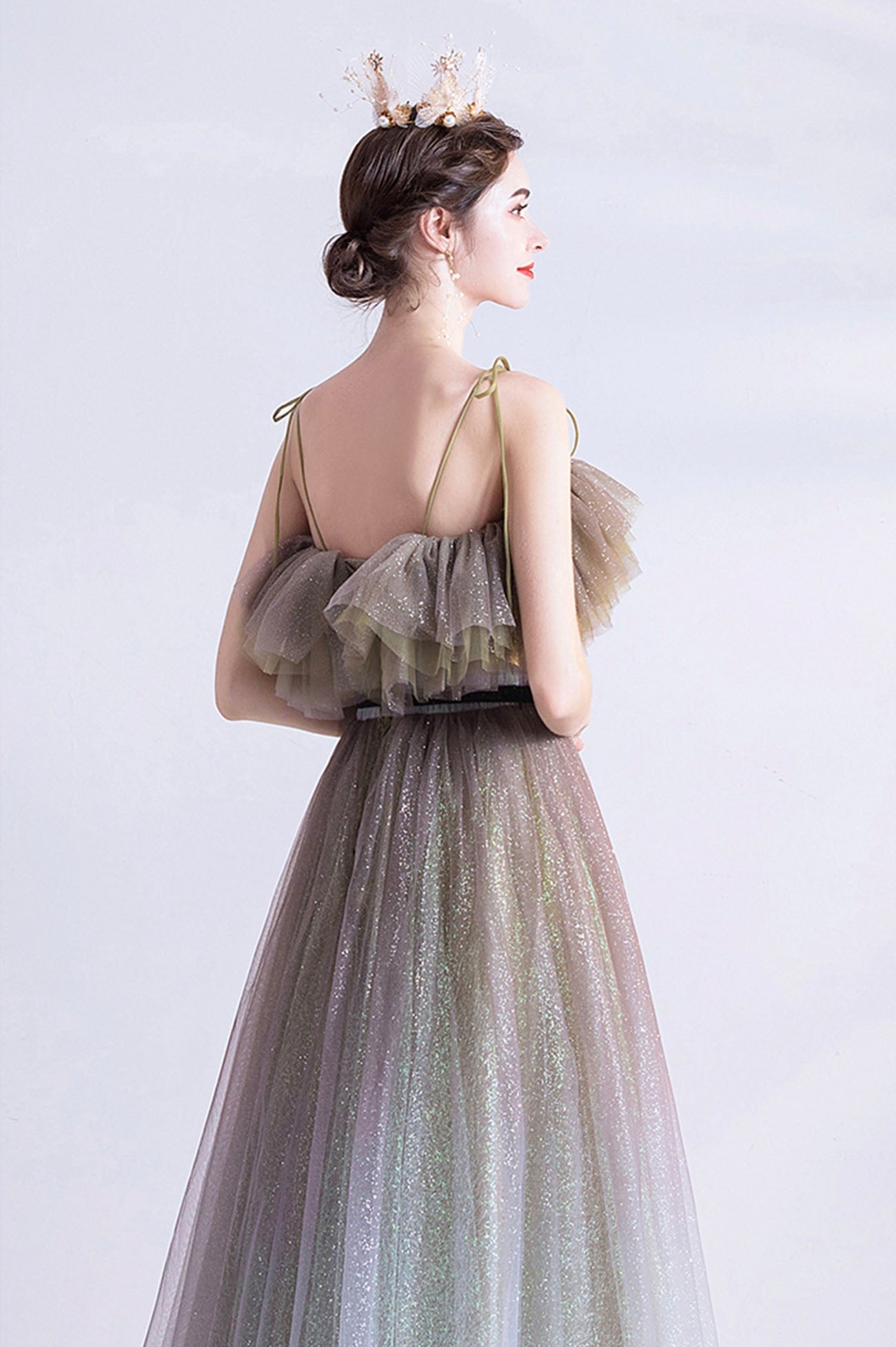 Gray green tulle sequins long prom dress evening dress HZ1023