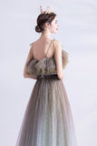 Gray green tulle sequins long prom dress evening dress HZ1023