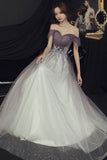 Purple tulle sequins long prom dress A line evening dress HZ1023