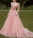 Pink 3D Flowers Long Prom Dress A line Evening Dress HZ1023