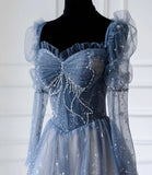 Blue tulle beads long prom dress A line evening dress HZ1023