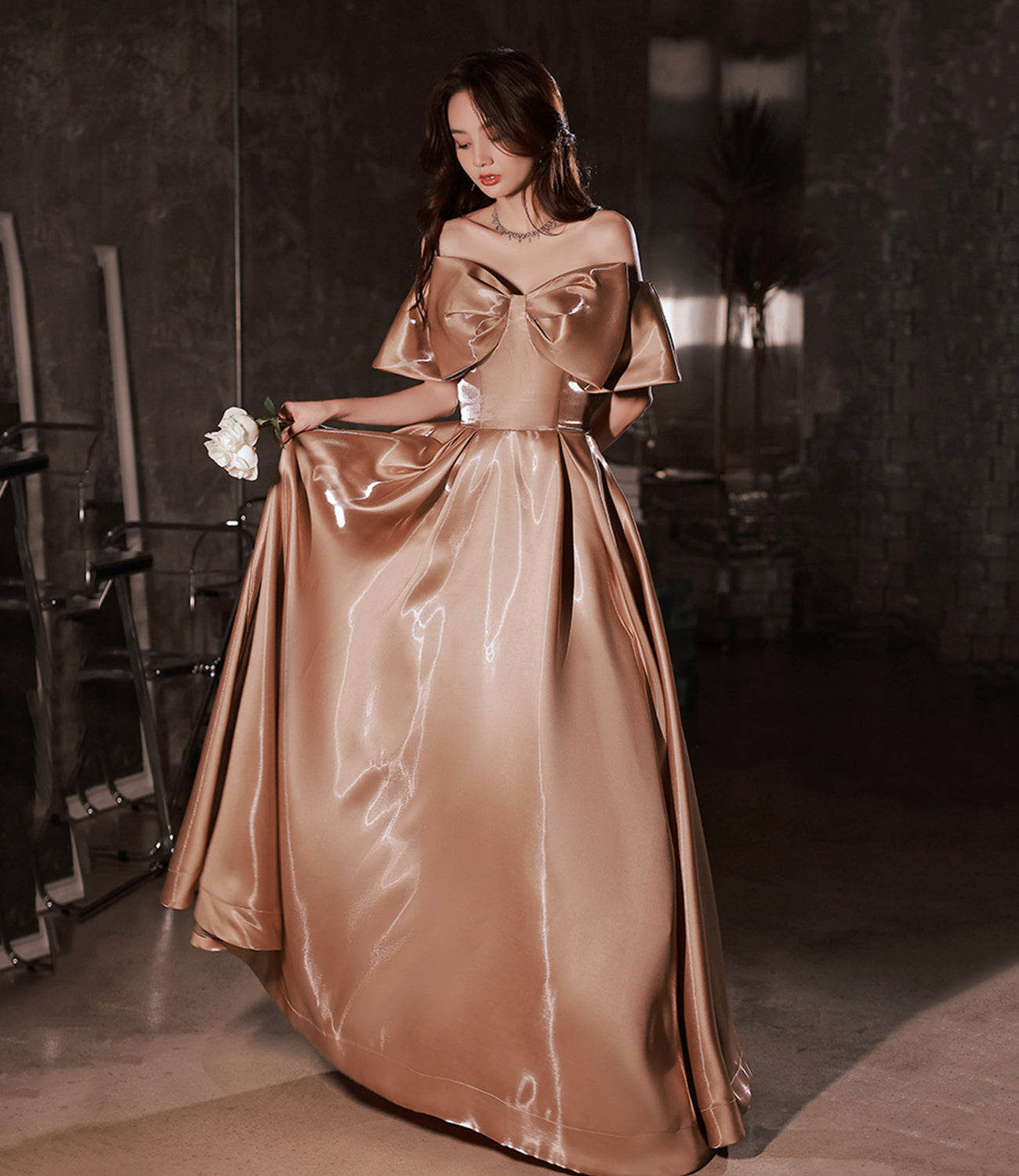 Lovely Bow Satin Long Ball Gown Formal Dress HZ1023