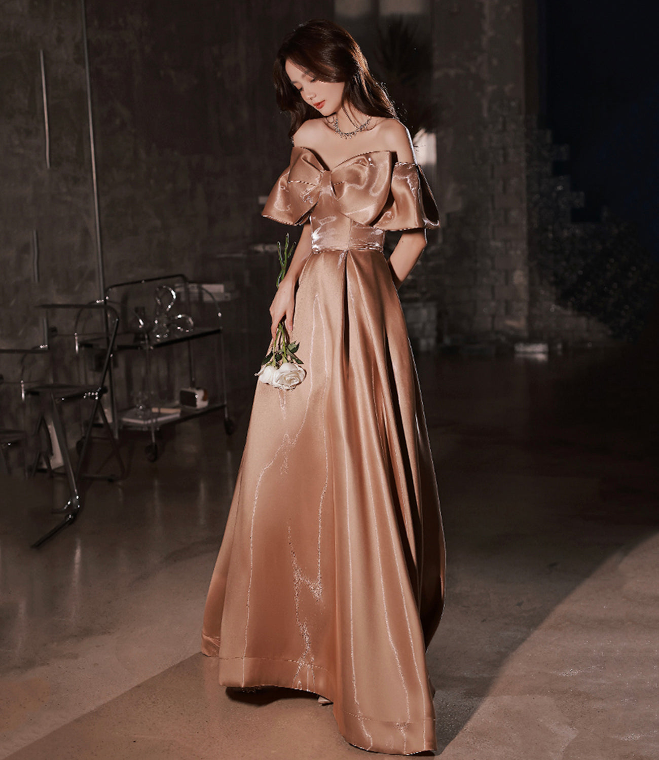 Lovely Bow Satin Long Ball Gown Formal Dress HZ1023