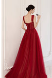 Burgundy tulle beads long prom dress evening dress HZ1023