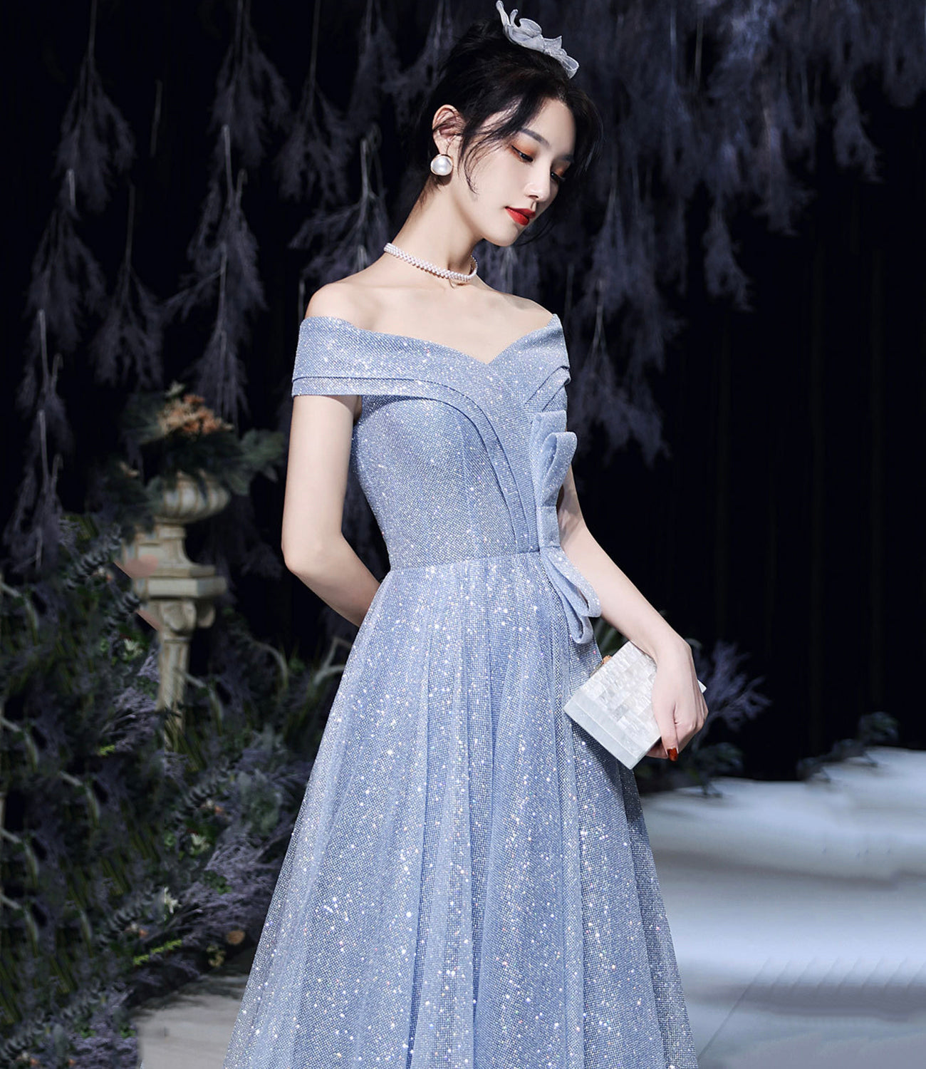 Blue tulle sequins long prom dress blue evening dress HZ1023
