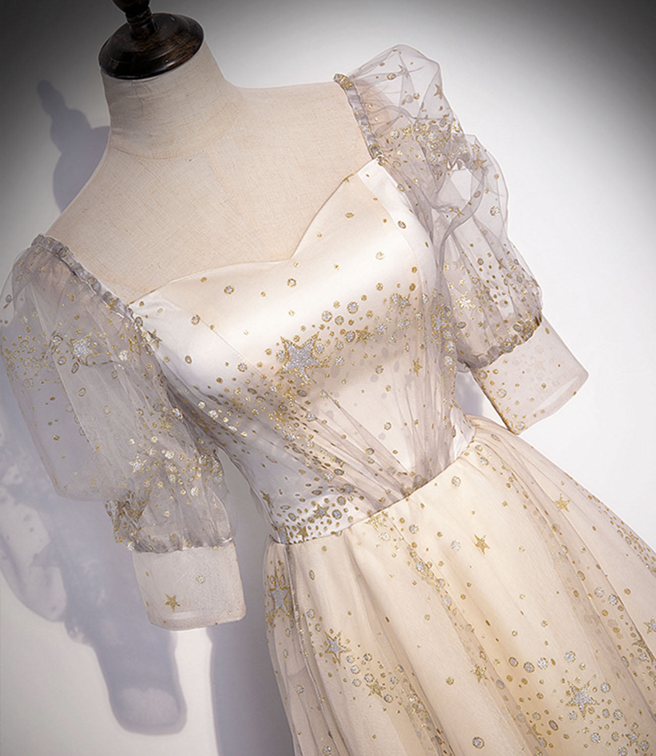 Champagne tulle sequins long prom dress A line evening gown HZ1023