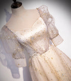 Champagne tulle sequins long prom dress A line evening gown HZ1023