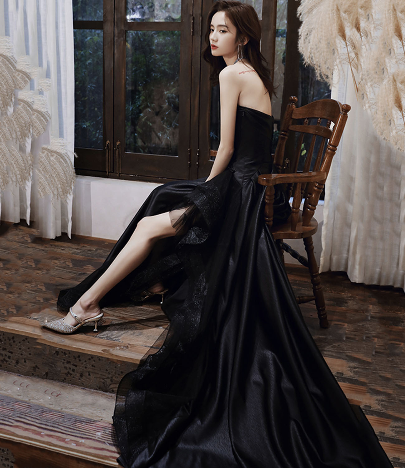 Black satin tulle high low prom dress evening dress HZ1023