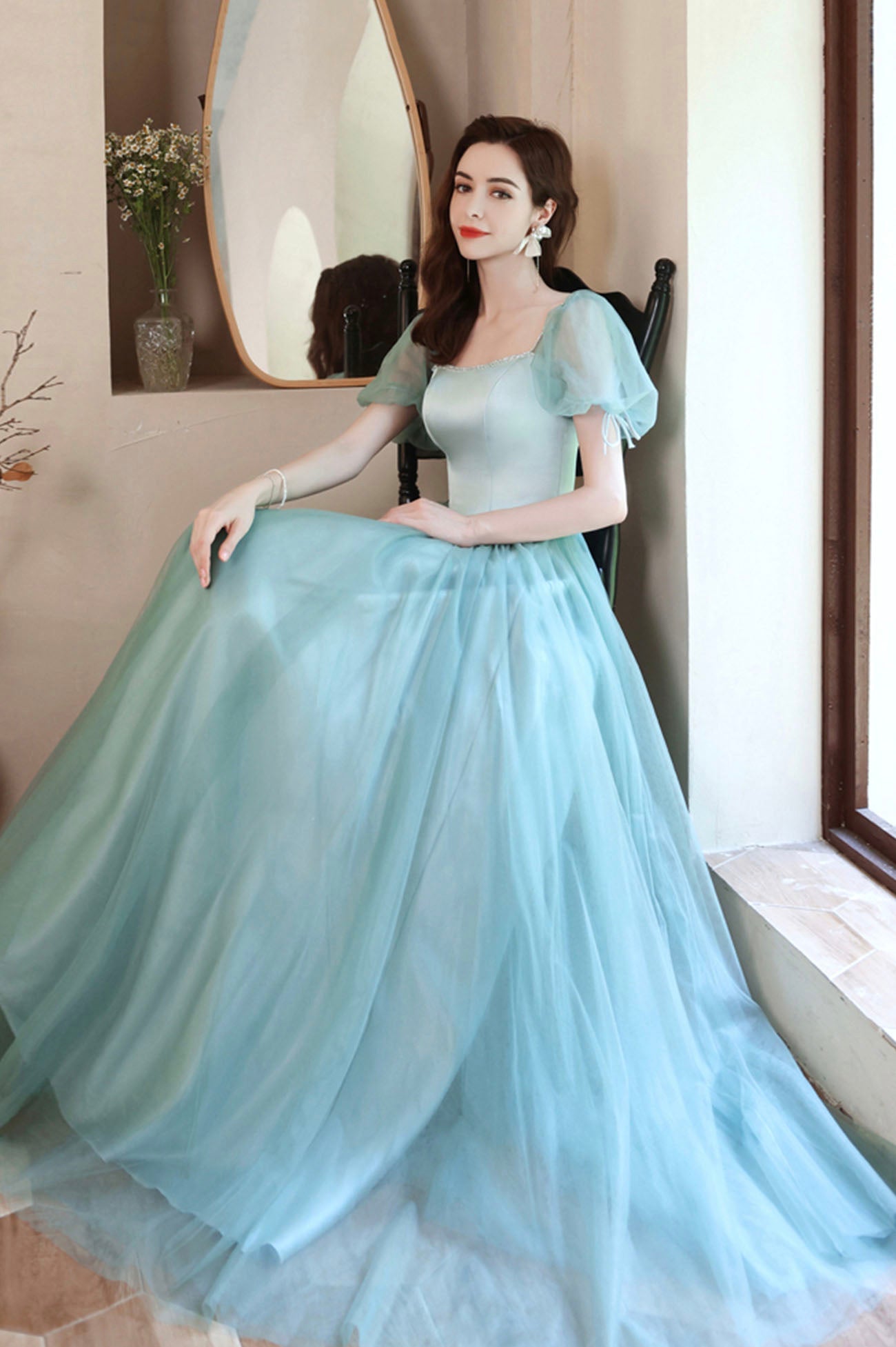 Green satin tulle long prom dress green evening dress HZ1023