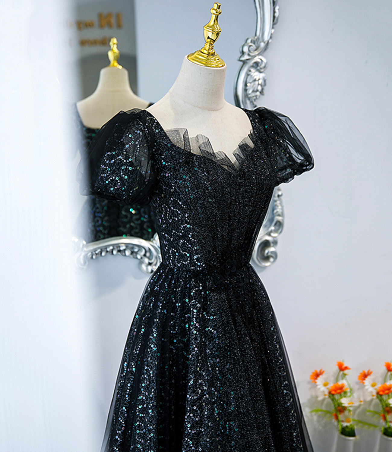 Black tulle sequins long prom dress black evening dress HZ1023