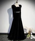 Black velvet long prom dress A line evening dress HZ1023