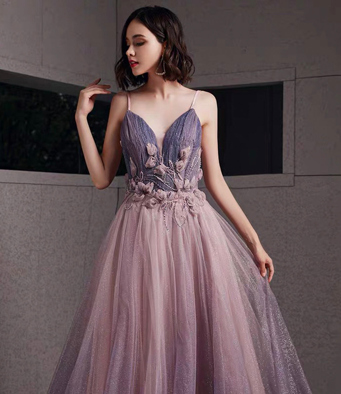 Purple tulle sequins long prom dress A line evening gown HZ1023