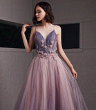 Purple tulle sequins long prom dress A line evening gown HZ1023