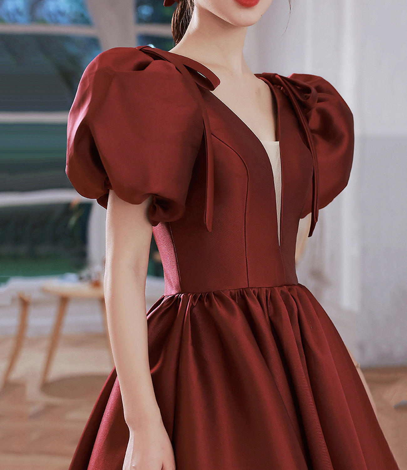 Burgundy v neck satin long prom gown A line formal gown HZ1023