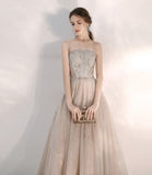 Champagne tulle sequins long prom dress A line evening dress HZ1023