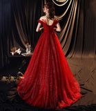 Red tulle sequins long prom dress A line evening gown HZ1023